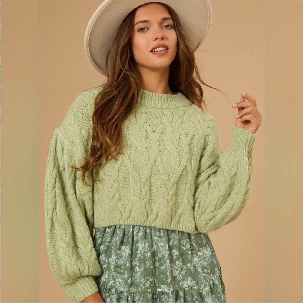Altar'd State Capri Sage Cropped Oversized Cable Knit Sweater Puff Sleeves Sz XS